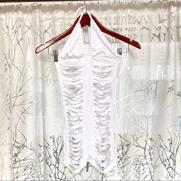 White ripped slit halter v neck mini dress - Picture 7 of 7